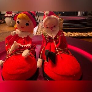 2 vintage ornament, possible a Santa Claus and elf figurine & 1 Mother Goose.